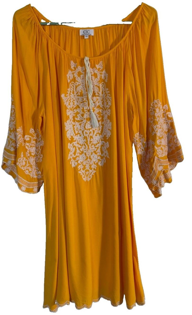 Chic Connection Embroidered Tunic Top Boho Peasant Hippie Folk Yellow Mini Dress